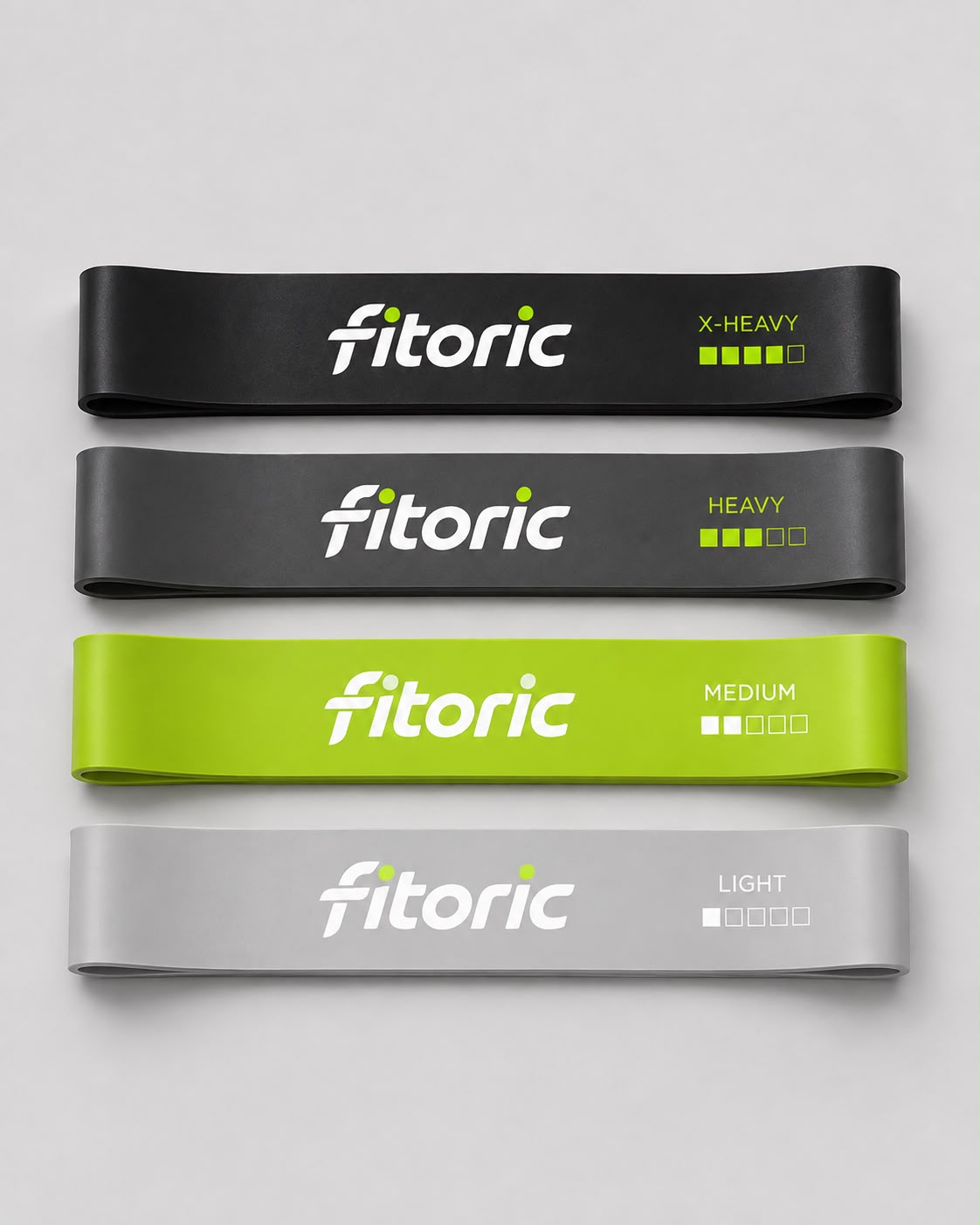 Four Fitoric PowerLoop resistance bands in progressive resistance levels.