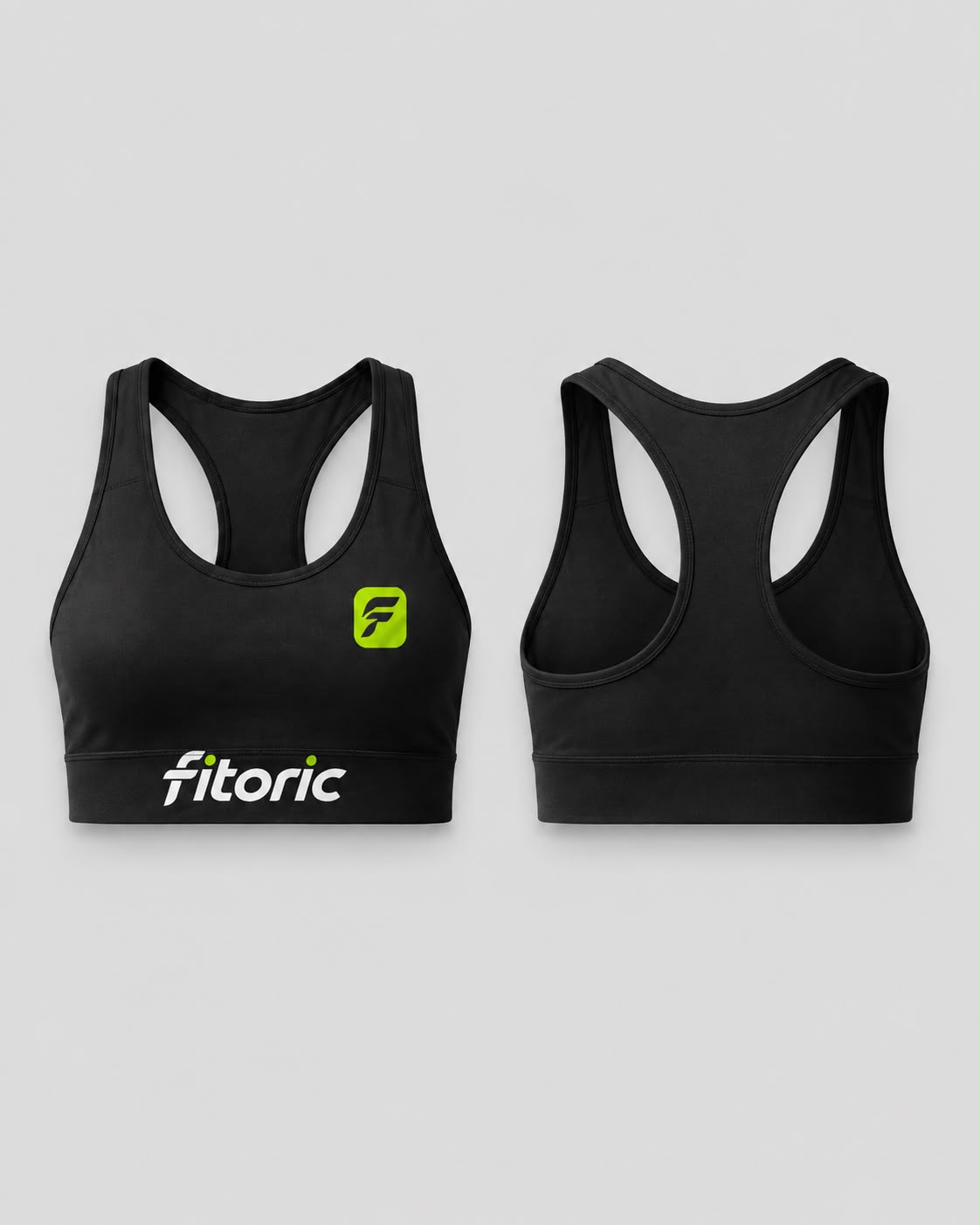 Black Fitoric Form racerback sports bra shown from the front and back.