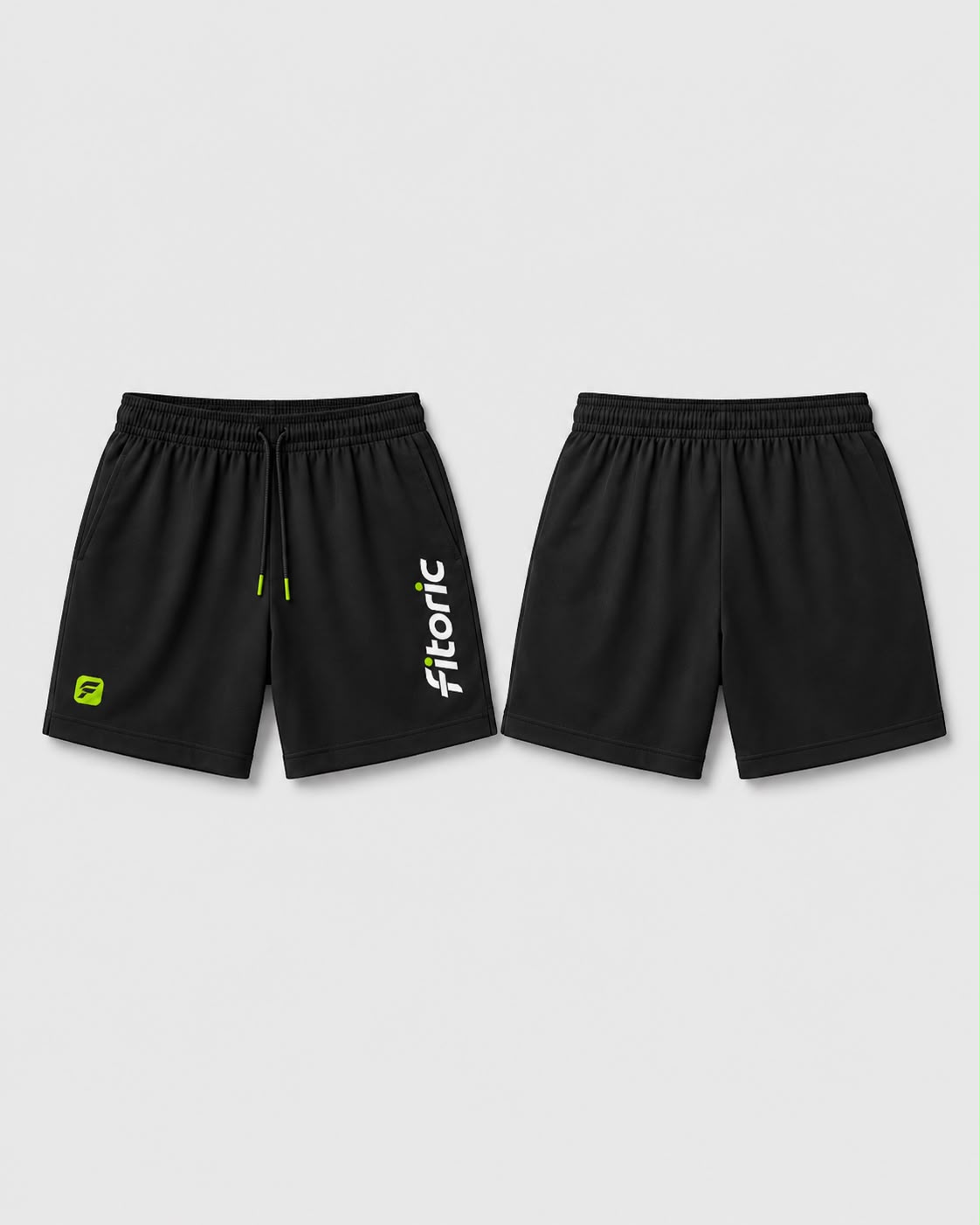 Black Fitoric Motion training shorts shown from the front and back.